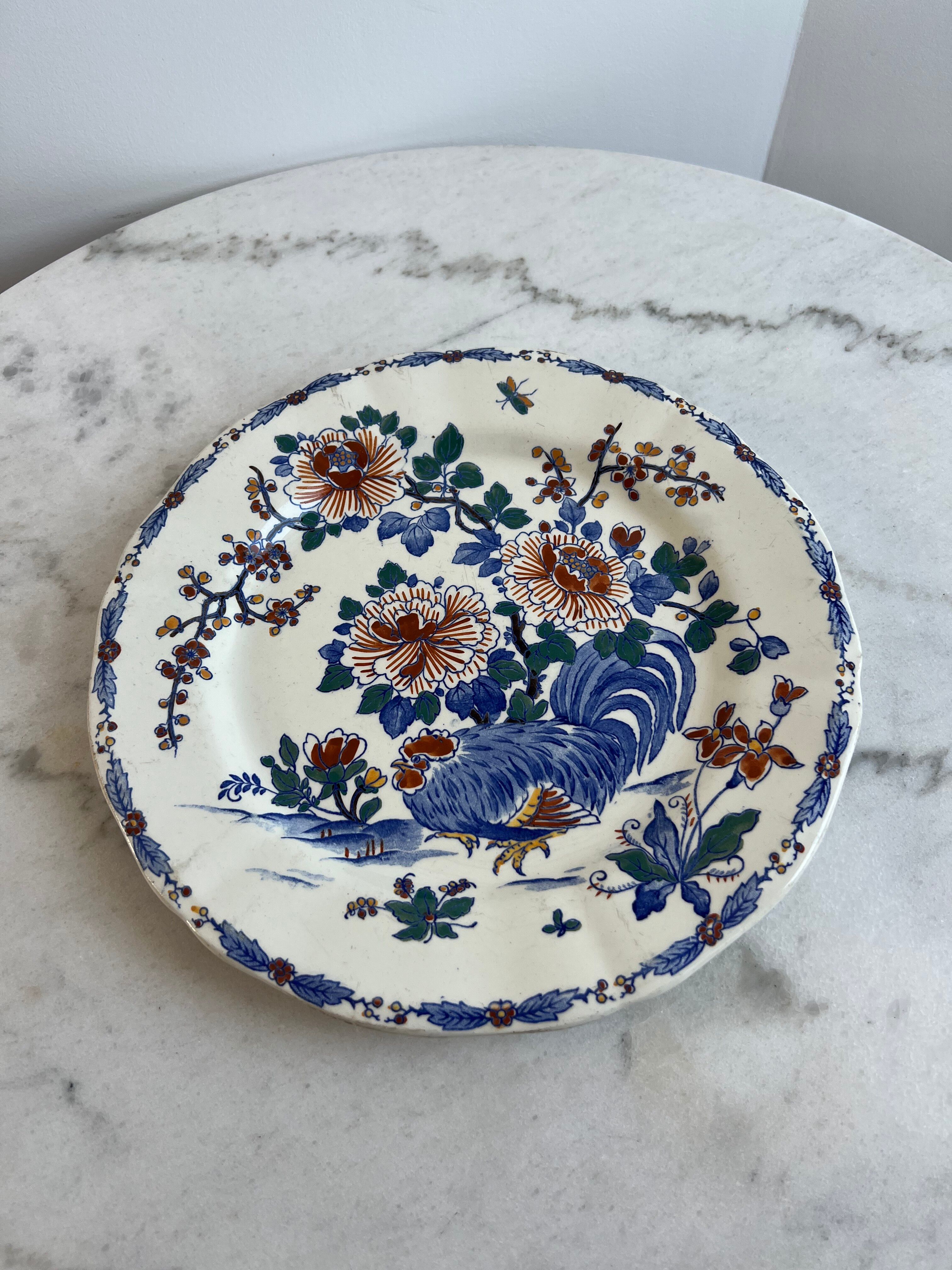 Antique plate in Gien earthenware — model “Rooster with Peonies”