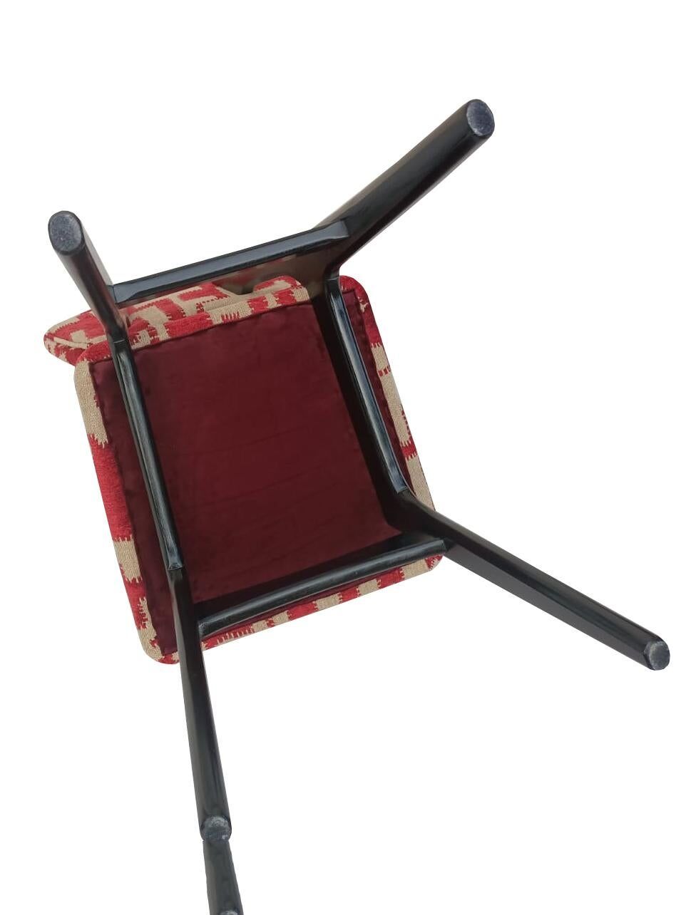 Chaise papillon du milieu du siècle, tissu jacquard rouge beige, bois noir, Europe, années 1960