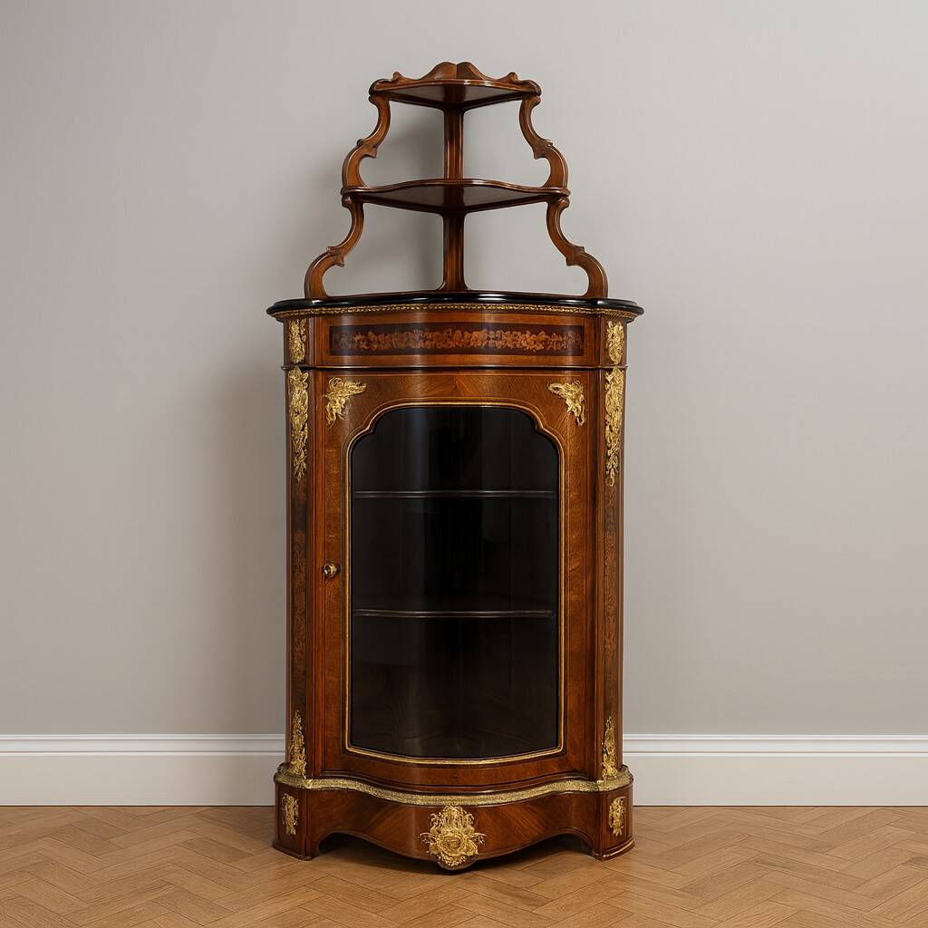 Encoignure galbée style Louis XIV en bois de rose et marquéterie