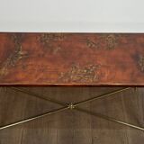 Neoclassical style brass coffee table with lacquered top depicting chinoiserie scenes, attributed to Maison Jansen