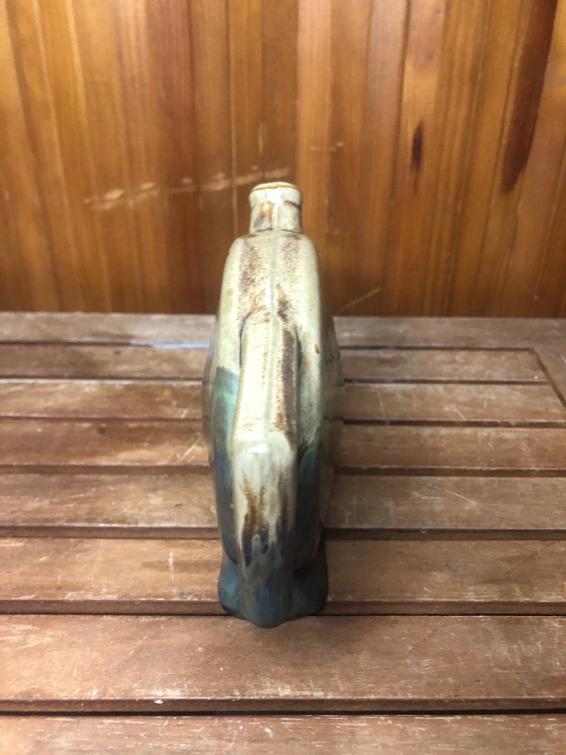 Old beige & green ceramic bottle + vintage handle