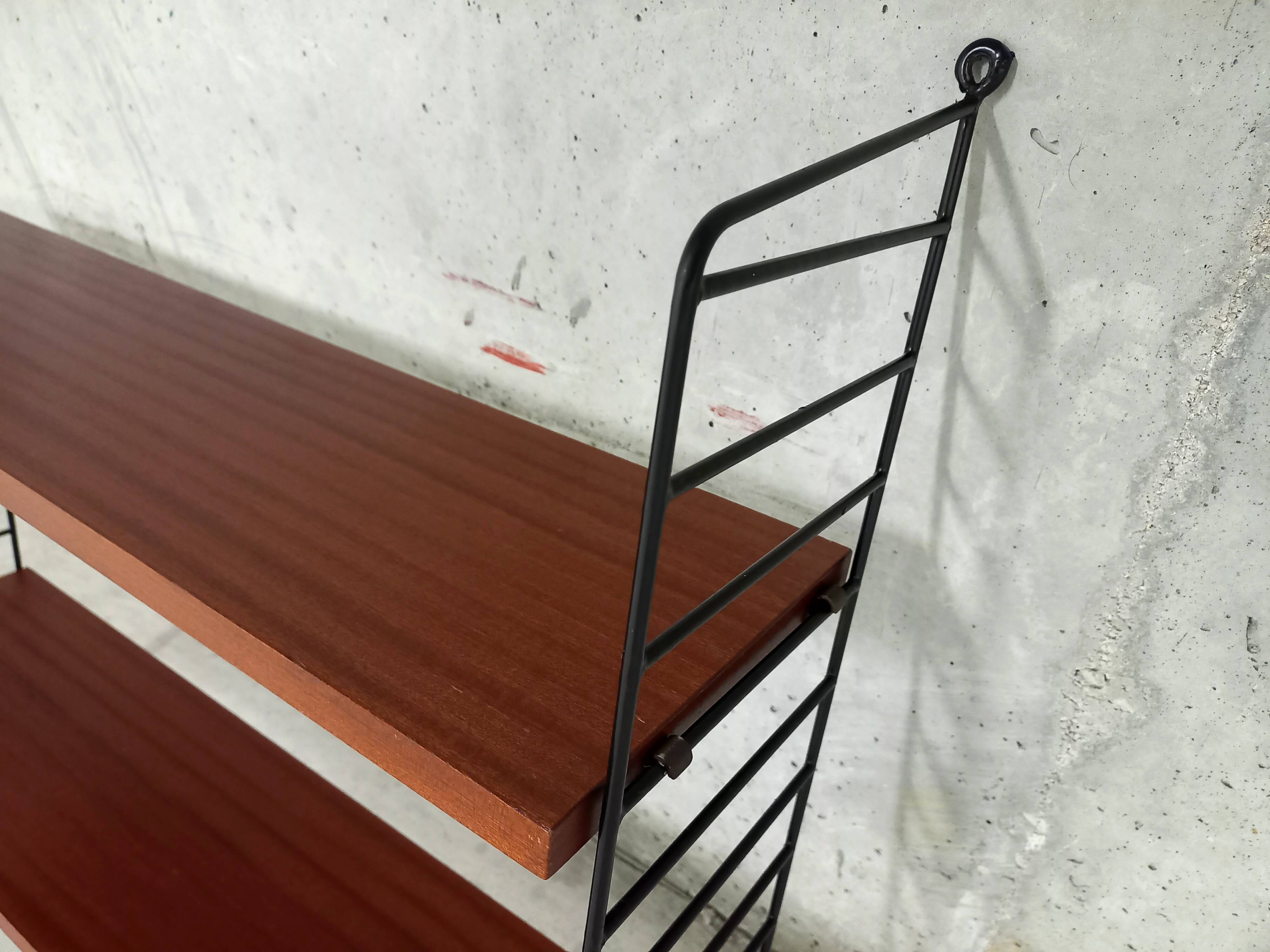 Vintage wall shelf in teak and black metal String Tomado style