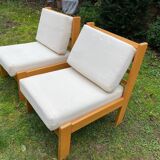 Paire chauffeuses style chalet coton écru vers 1960