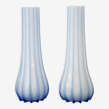 Pair vases Opal glass Streaked Blue