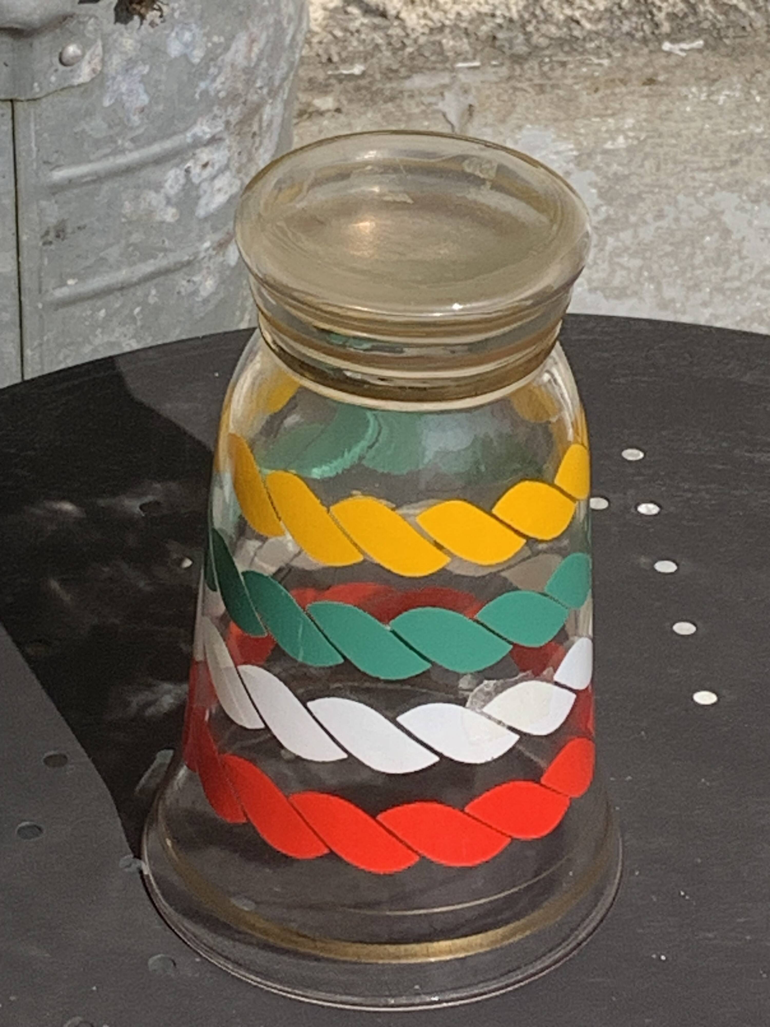 Transparent and gold glass vase and red, white, green and yellow silkscreen lines vintage 1960