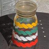Vase en verre transparent et dore et lignes sérigraphies rouge, blanc, vert et jaune vintage 1960