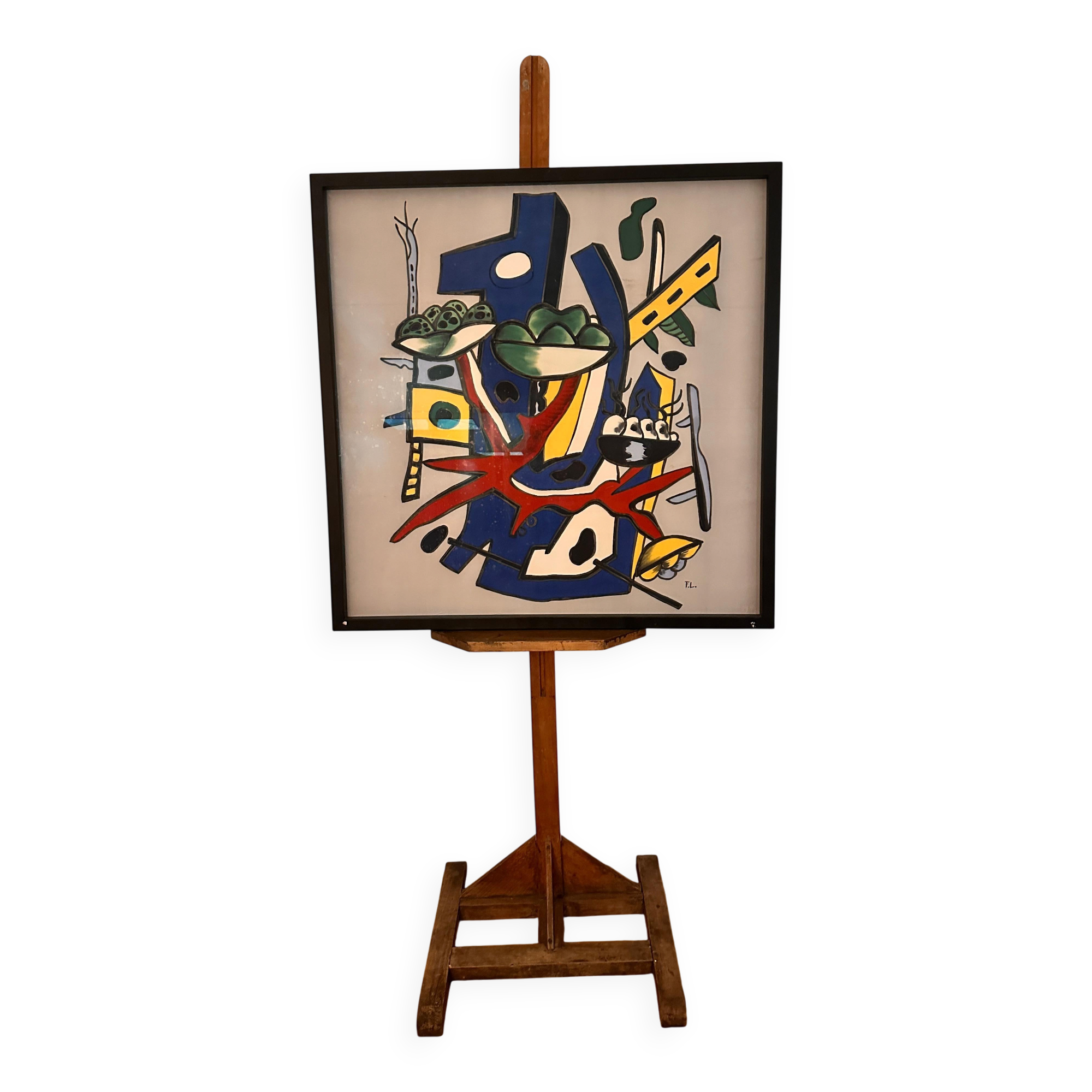Impression sérigraphique encadrée sur soie, après Fernand Léger, composition moderne du milieu du siècle