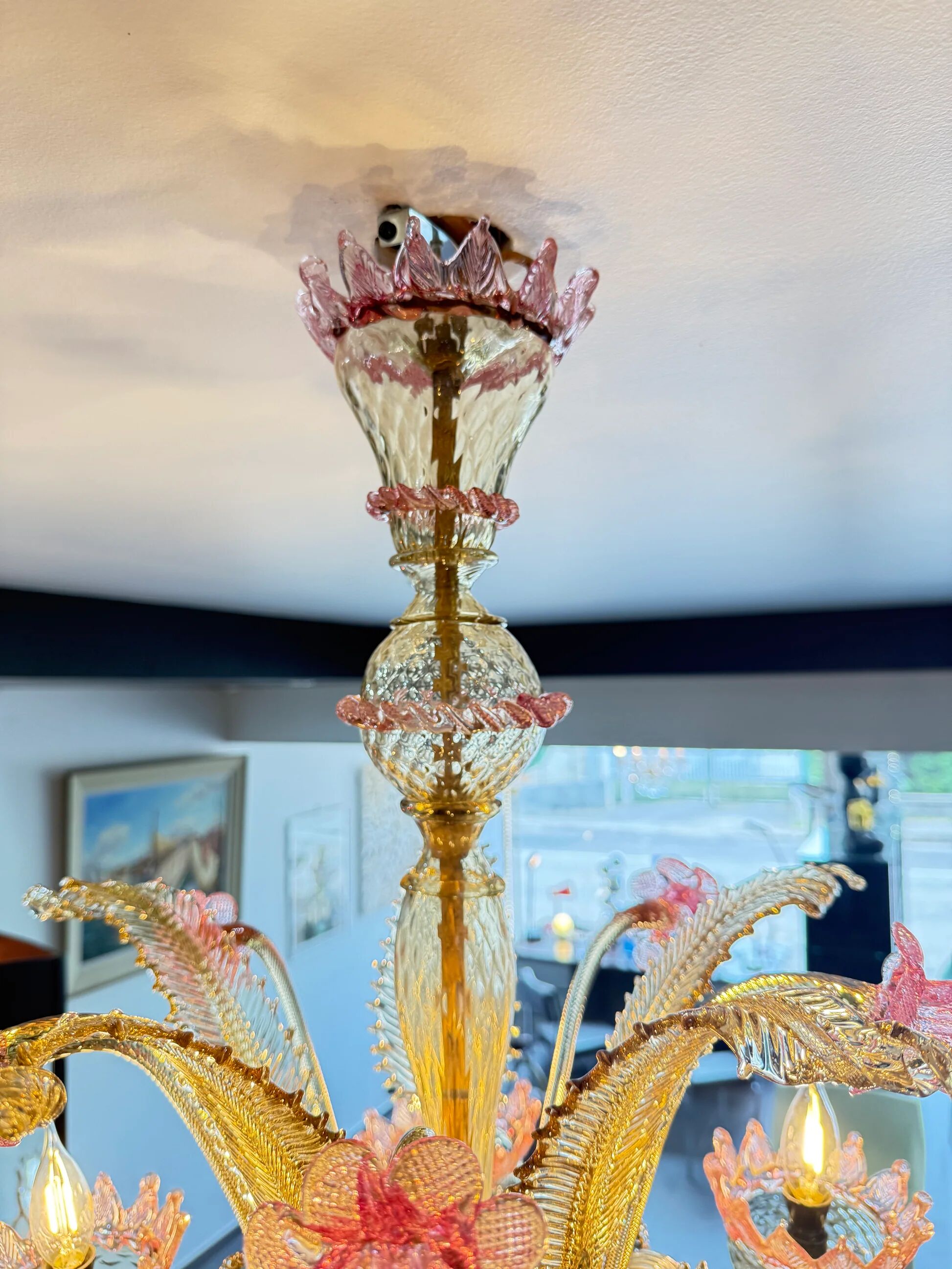 Venetian glass chandelier with pink and gold floral decoration – 6 lights