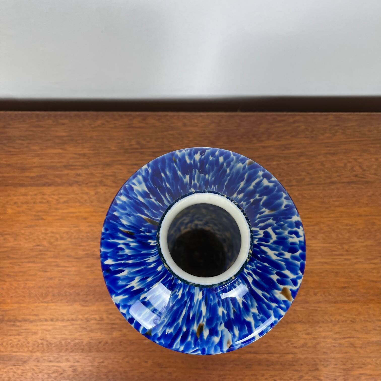 Blown glass vase with cobalt blue and white speckled effect, double walls