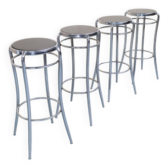 Set of 4 bar stools in chrome & wood 1980s