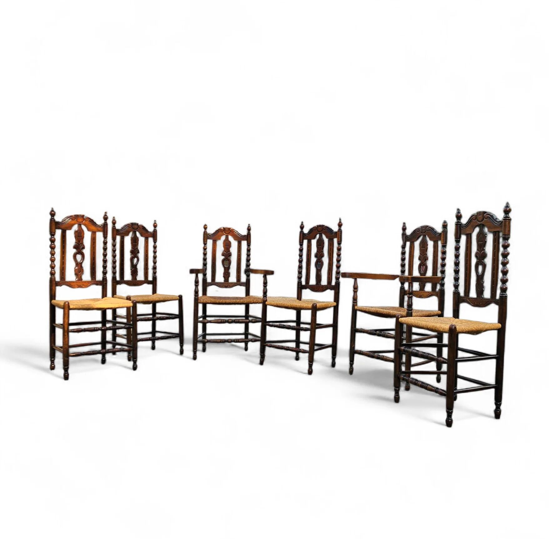 8 (2 x armrest) x ornate wood / bobbin / wicker dining chair / studded chairs