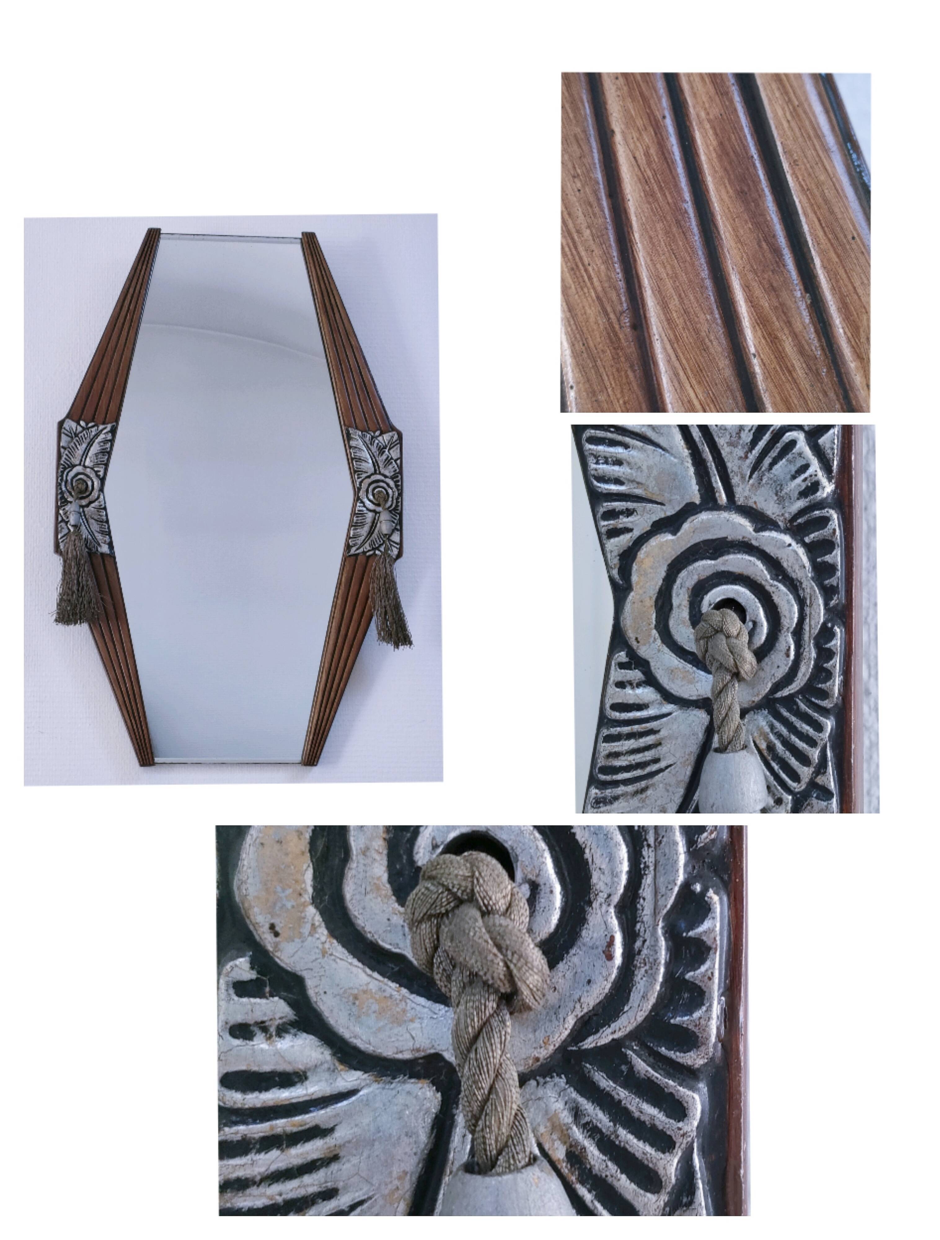 Miroir Art Déco en bois, stuc et passementerie