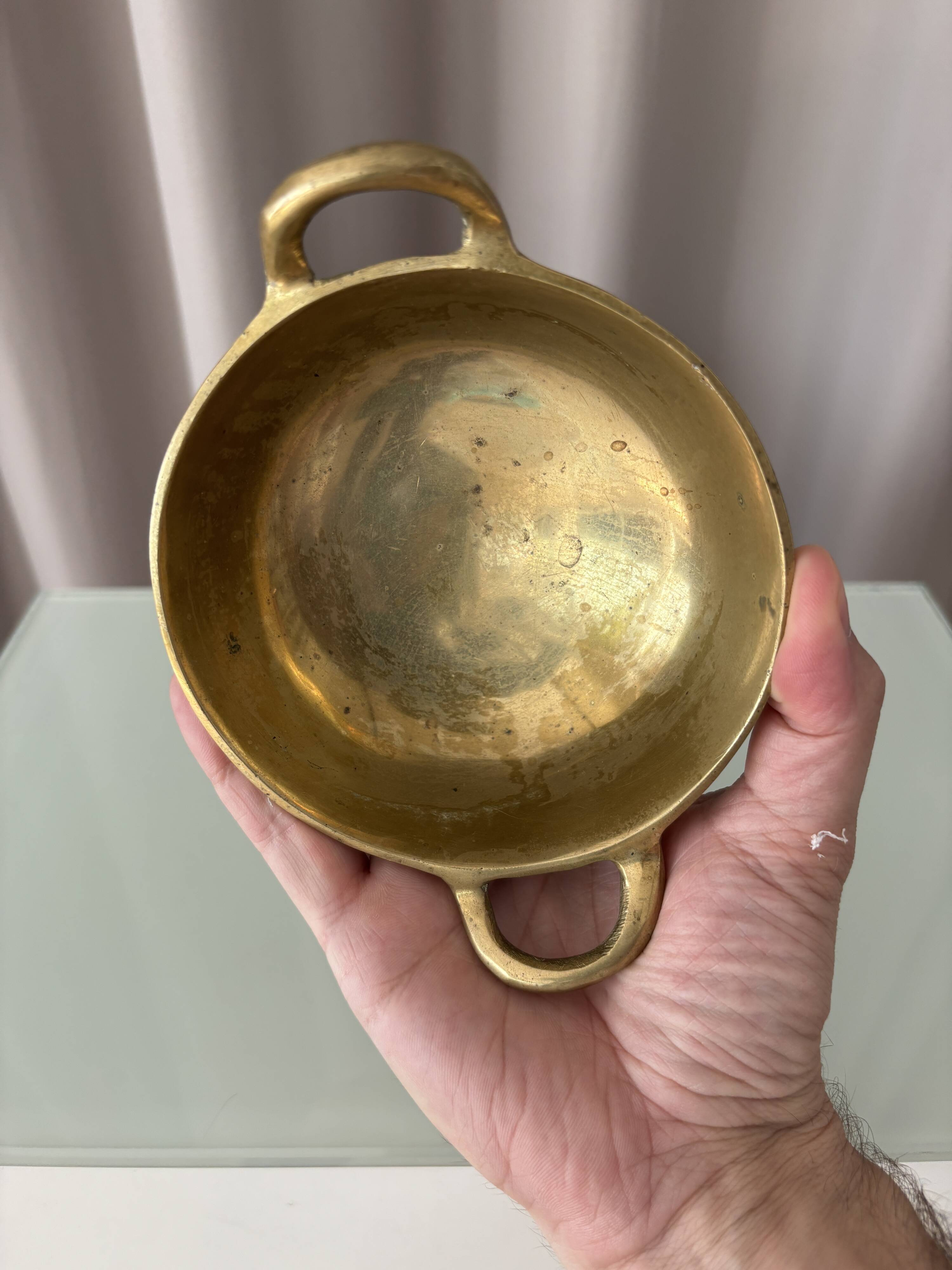 Vintage Solid Brass Catchall Bowl with Loop Handles, 1960s