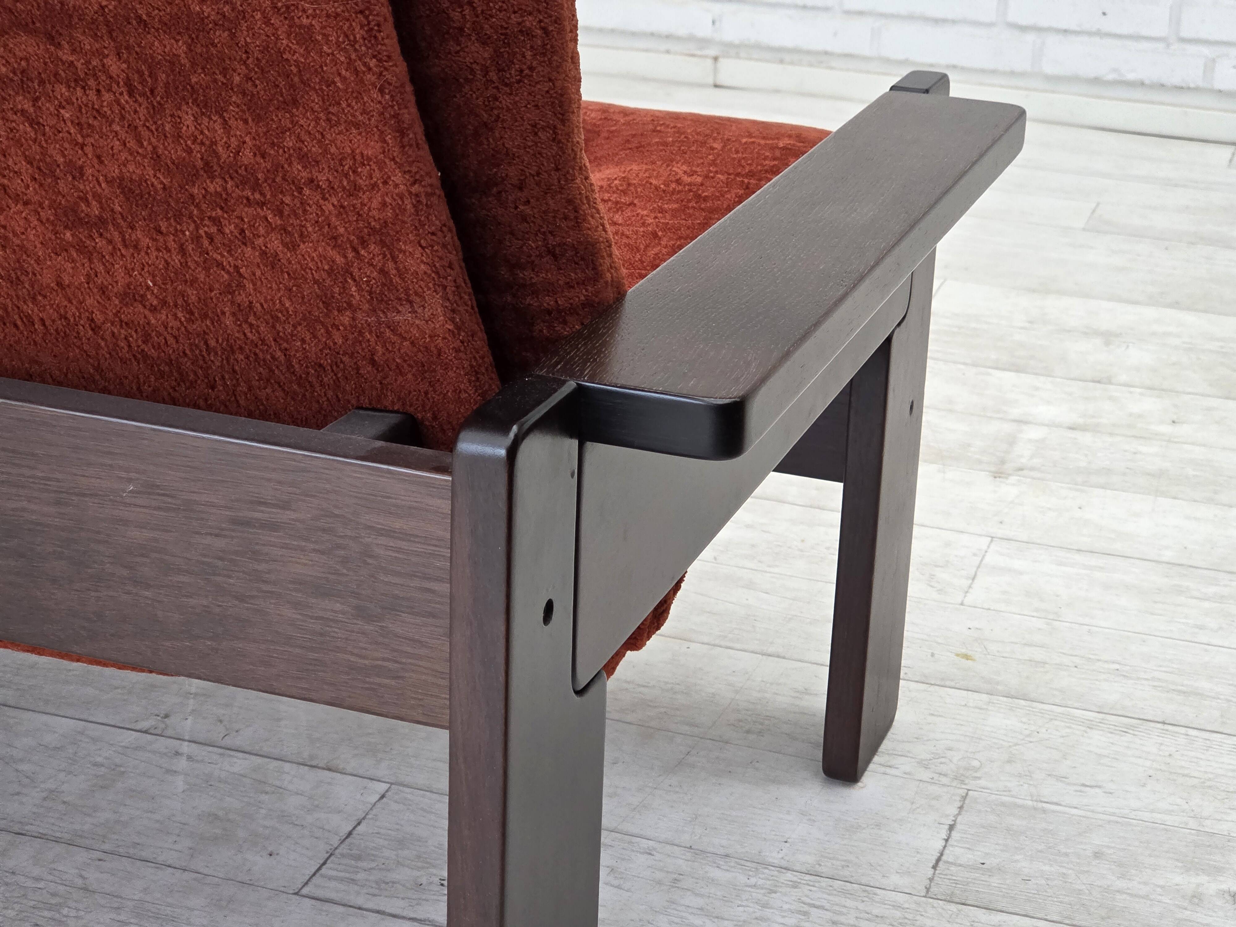 1970s, 3-seater Danish sofa, orange/red furniture velour, oak wood.