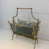 Neoclassical magazine rack in brass and blue glass