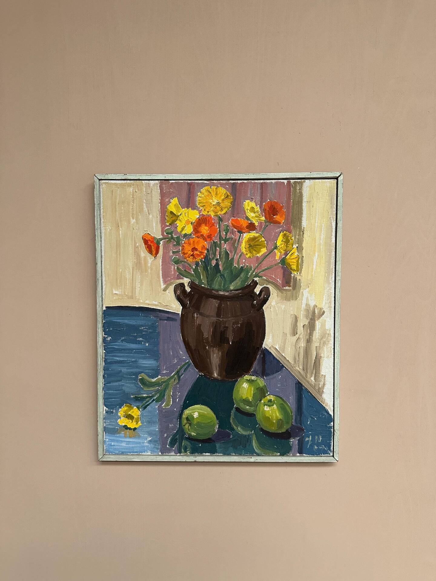 Swedish Oil on Canvas – “Apples and Flowers” – Vintage & Framed