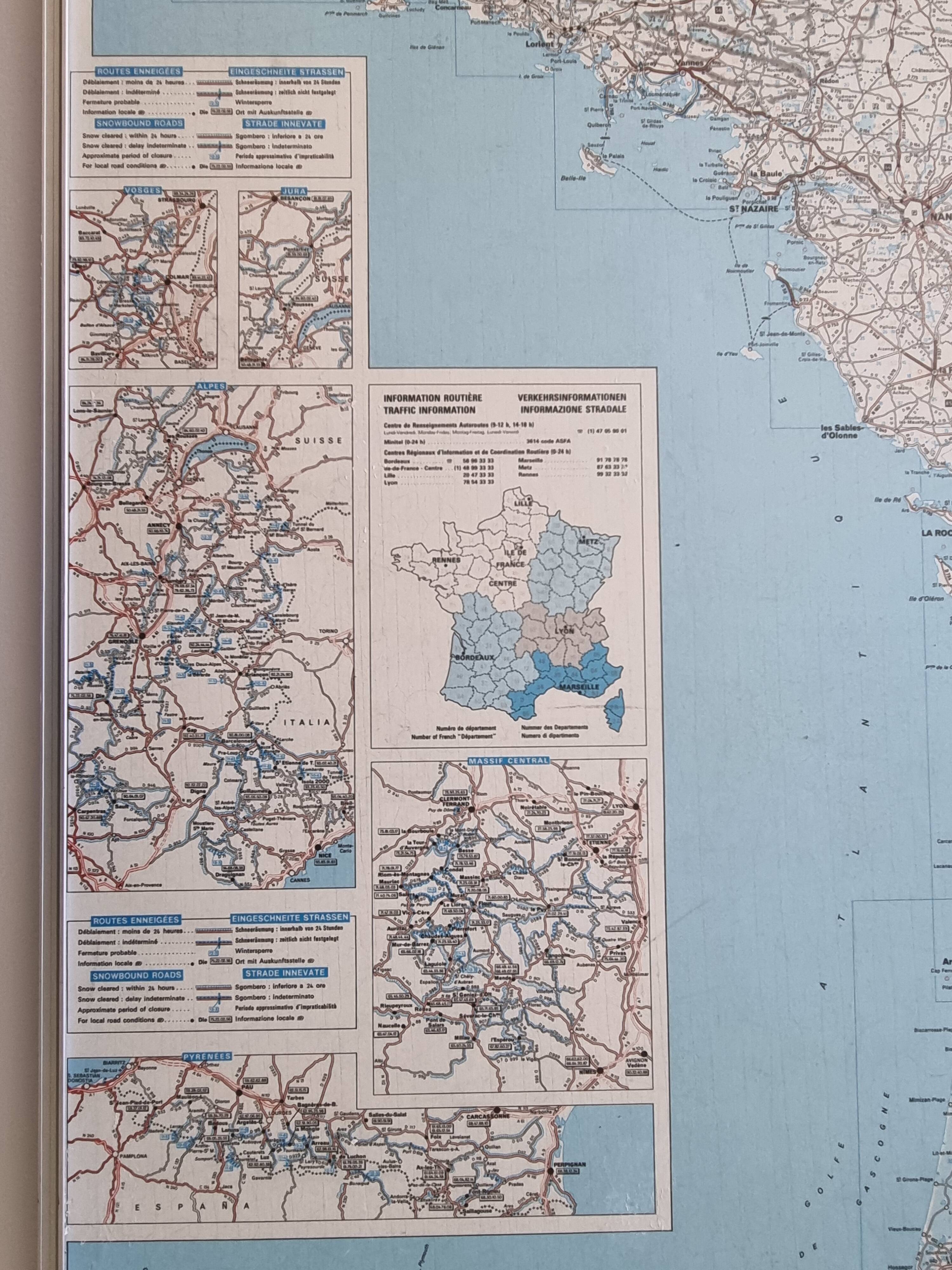 Framed vintage "Michelin" road map from the 80s, 111 cm x 100 cm