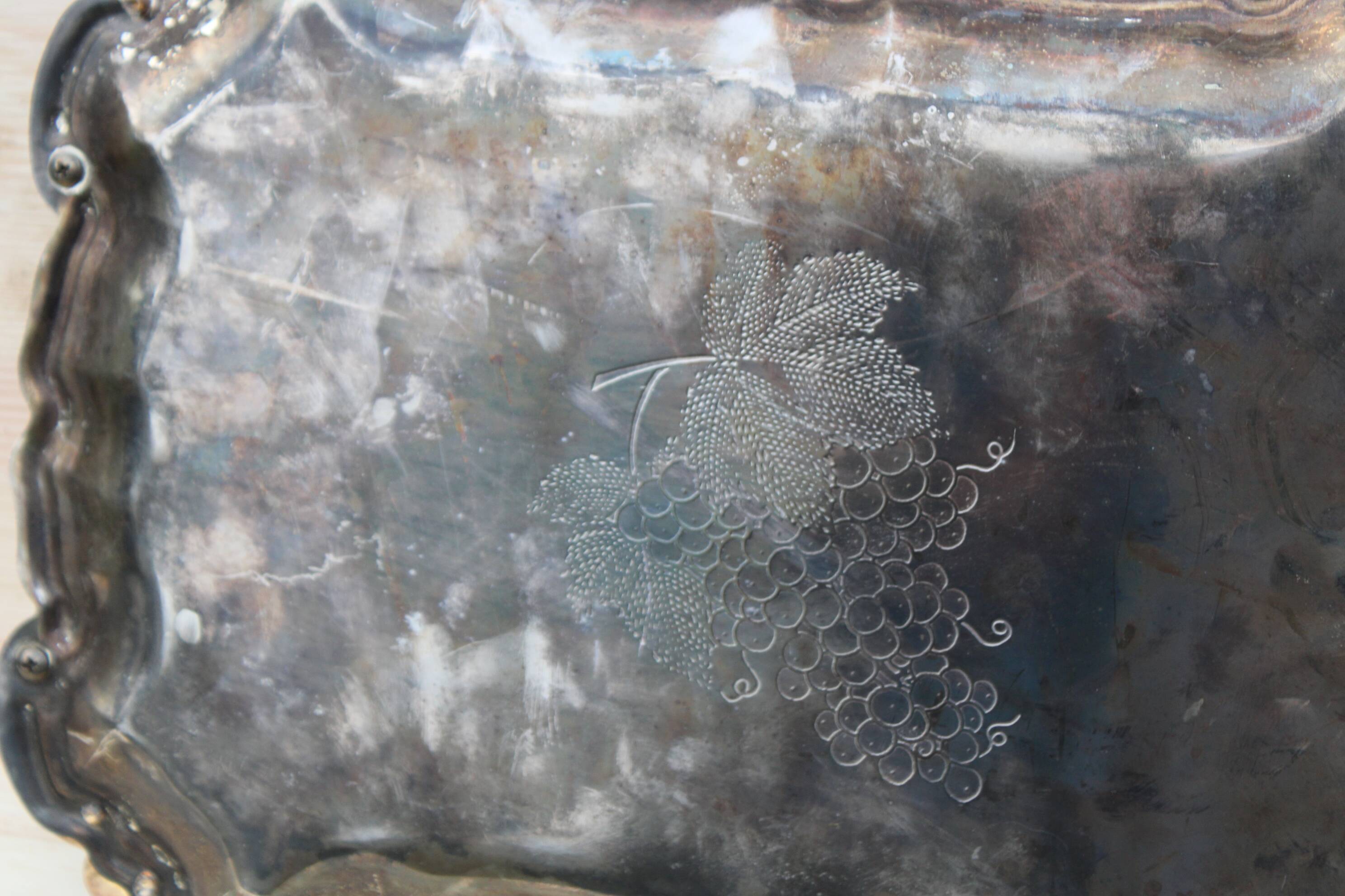 Antique silver-plated metal tray with gilt edges – Grape cluster motif