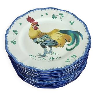 Set of 12 magnificent ceramic plates with white and multi-colored rooster decor L