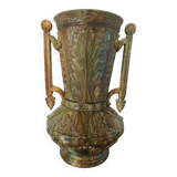 Vase amphore ancien en barbotine – Faïence décor grec antique – Signé 0E V