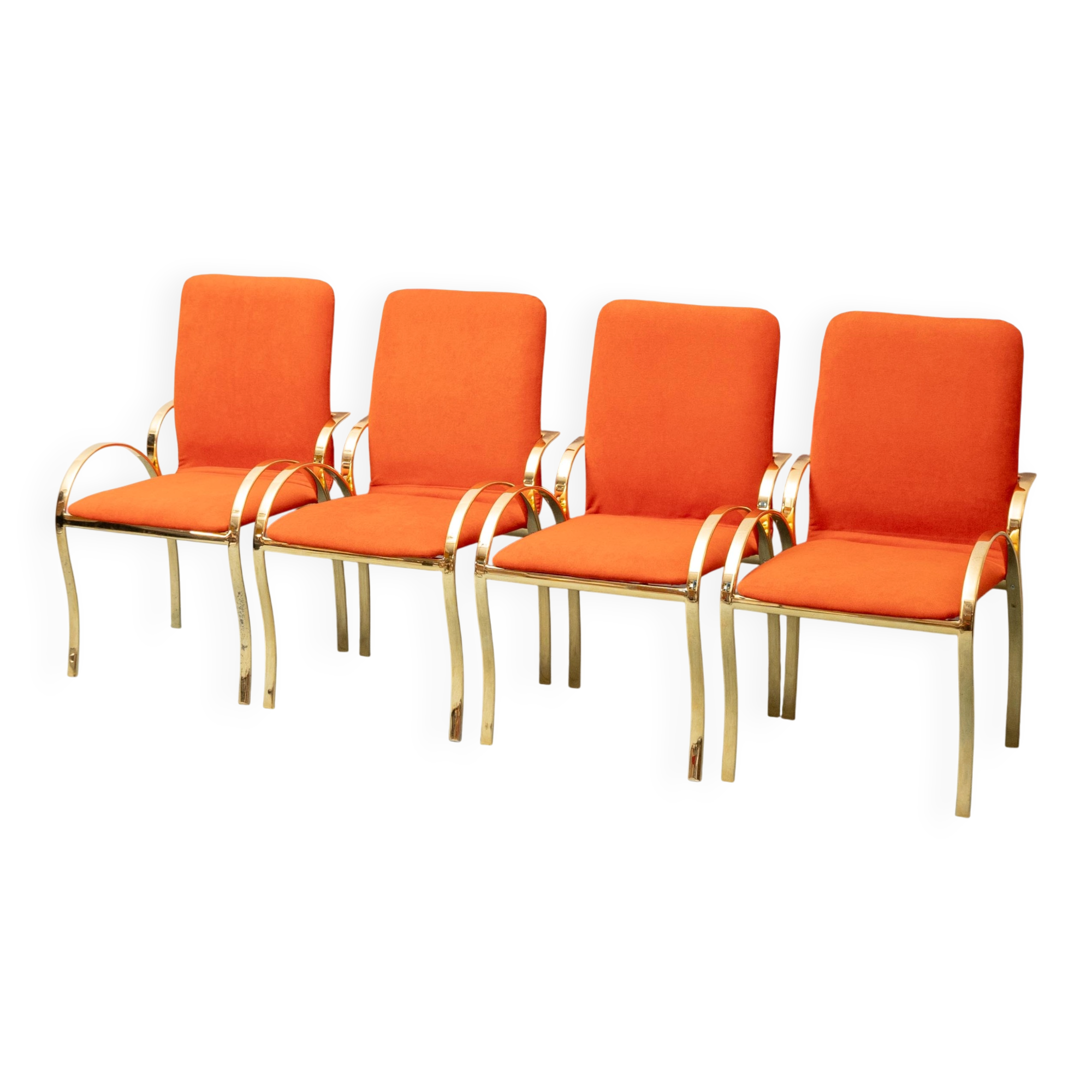 Set of 4 vintage golden metal and orange fabric chairs, 1970s modernist