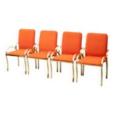 4 chaises modernistes en métal doré et tissu orange, années 1970