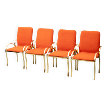 4 chaises modernistes en métal doré et tissu orange, années 1970