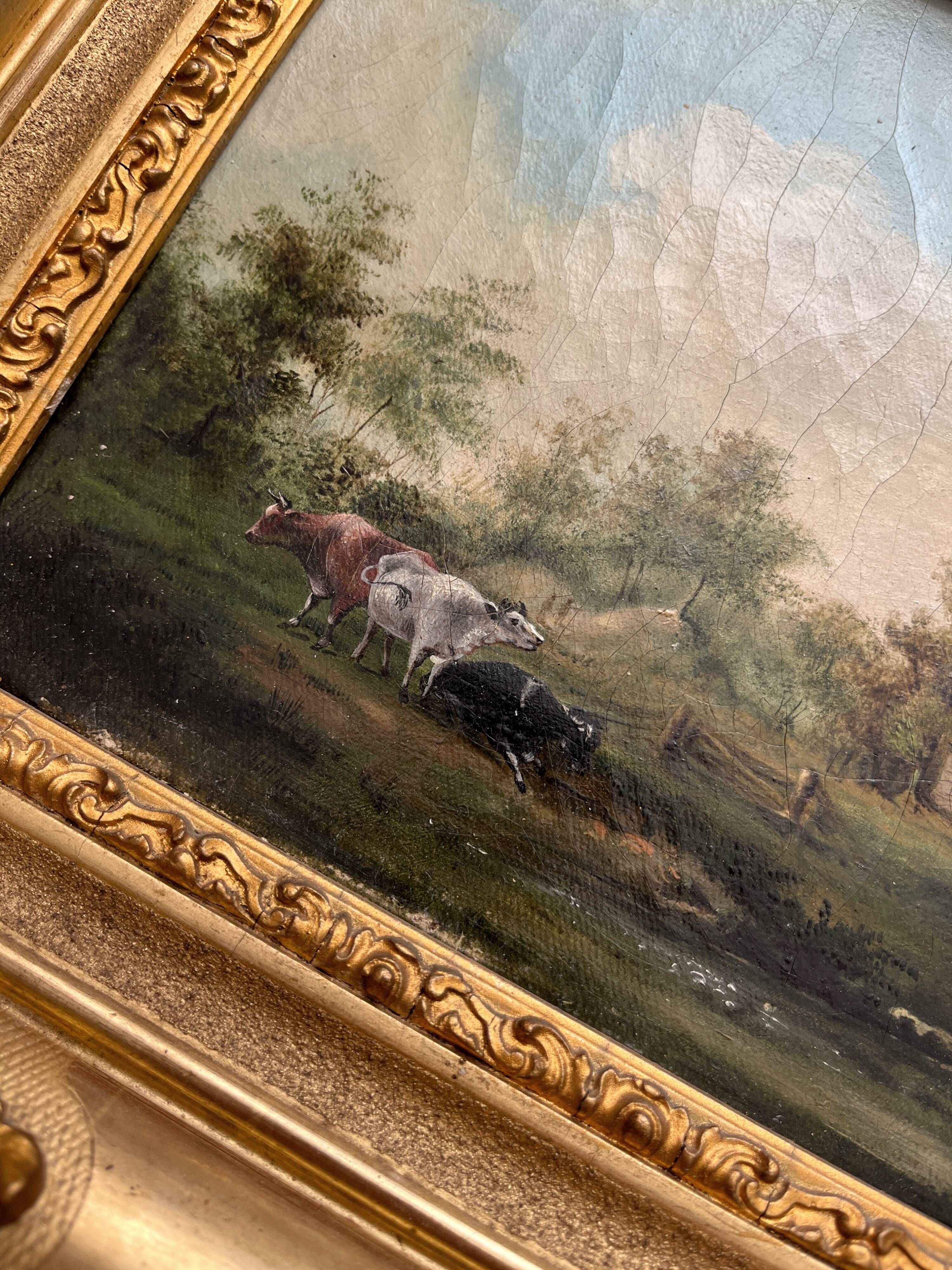 Old oil painting on canvas countryside landscape 19th