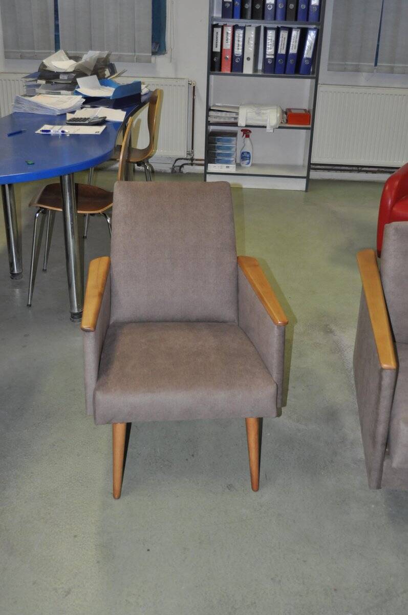 Pair of grey fabric lounge chairs with lacquered armrests and wood - 1960s