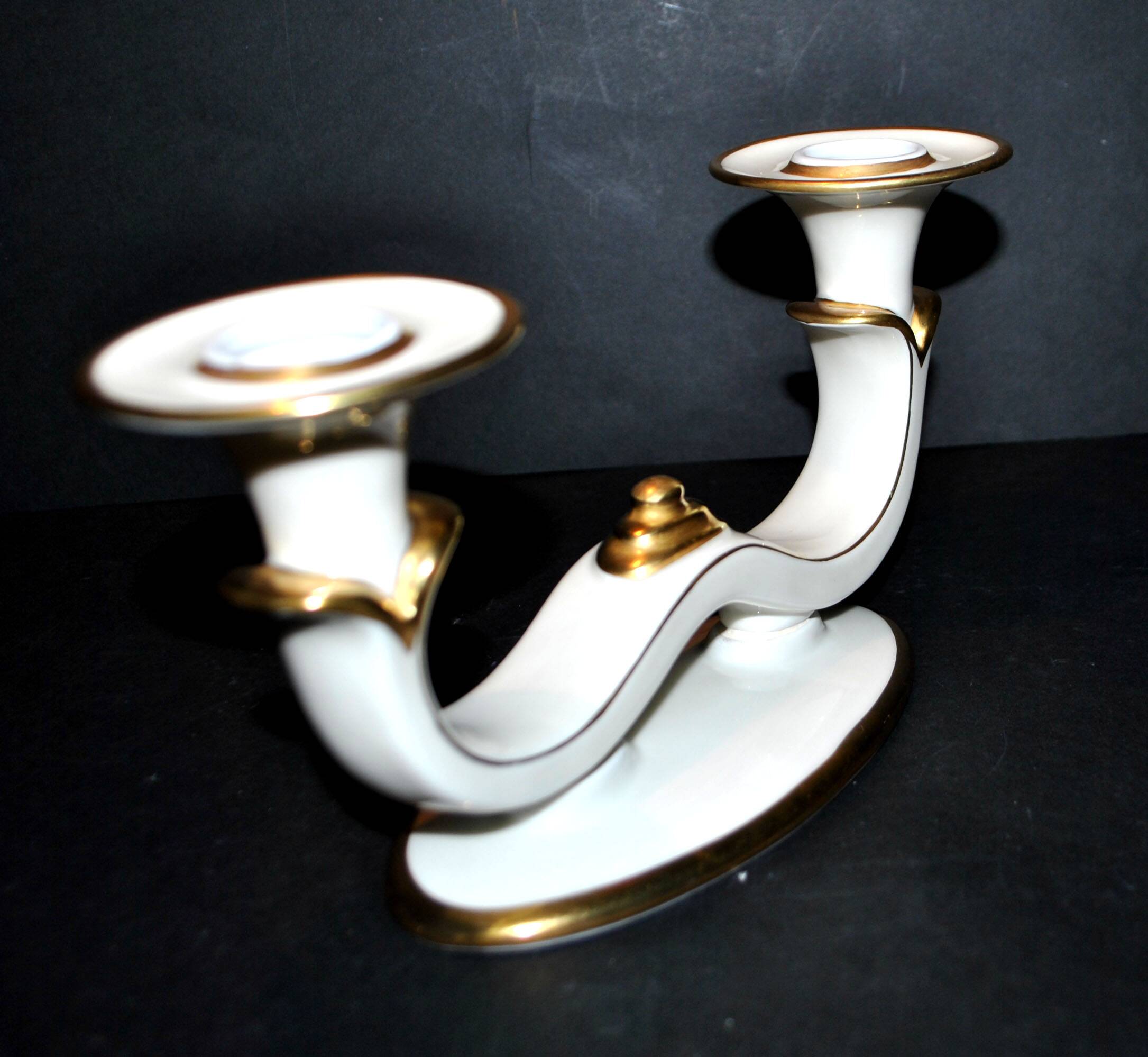 Modernist German porcelain candle holder - double gold rim candlestick