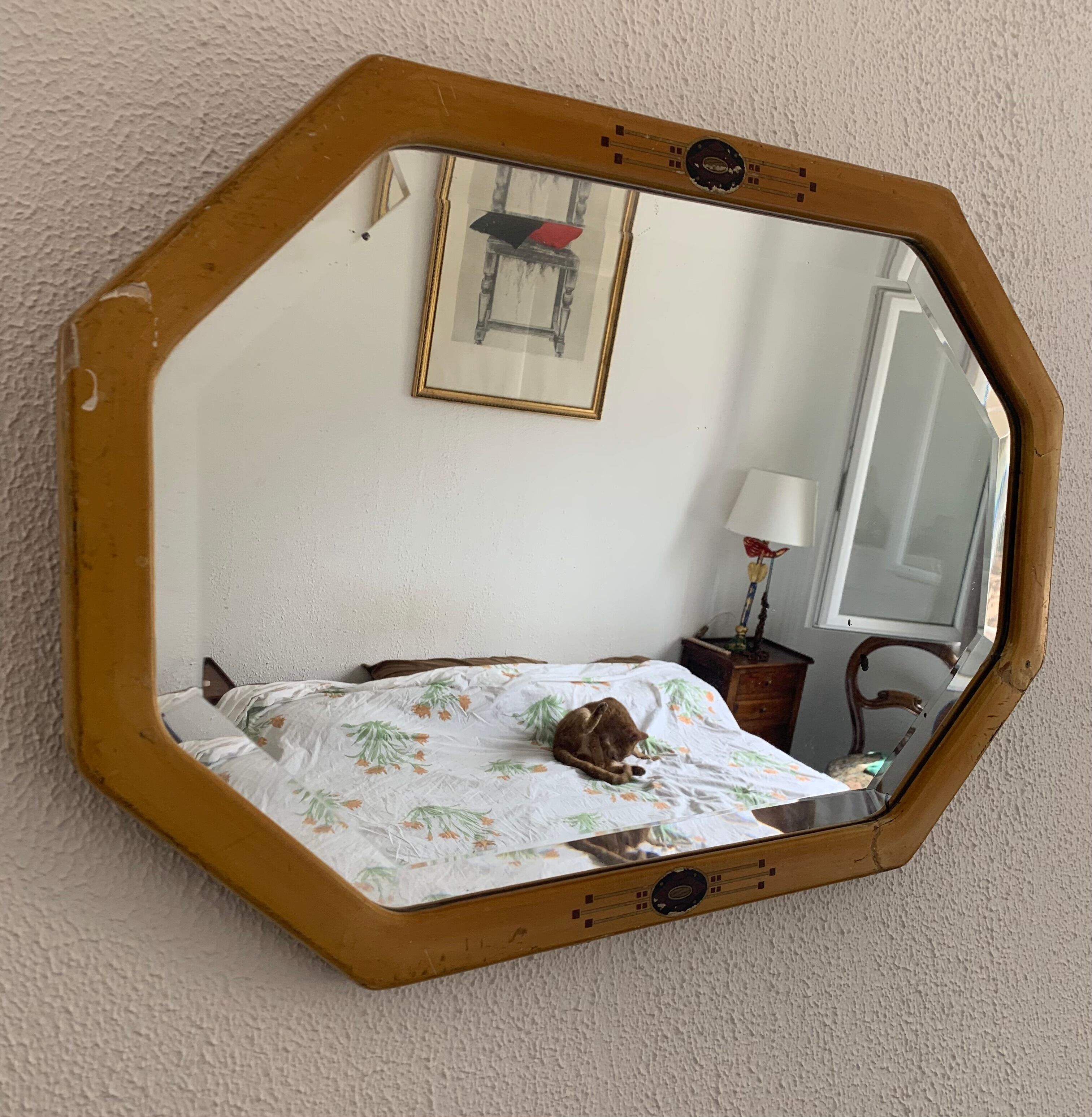Vintage 1930s Art Deco bevelled octagonal mirror, wood and stucco - 66 x 45 cm