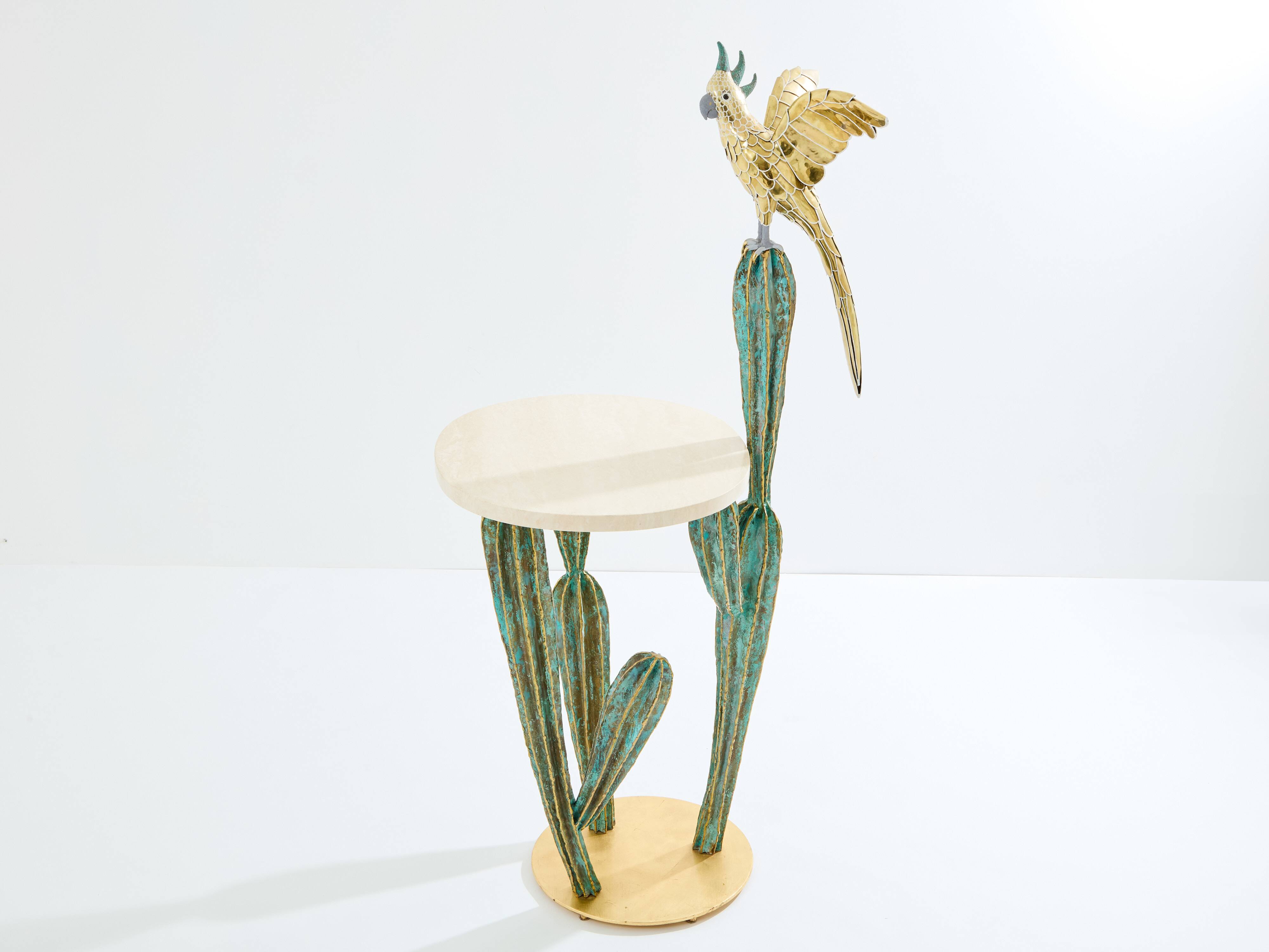 Brass cactus and parrot sculpture console Alain Chervet 1989