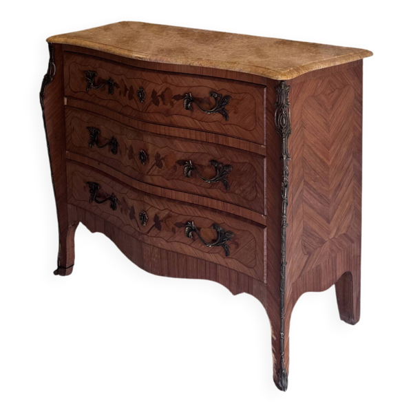 Commode galbée style Louis XV marqueterie et marbre