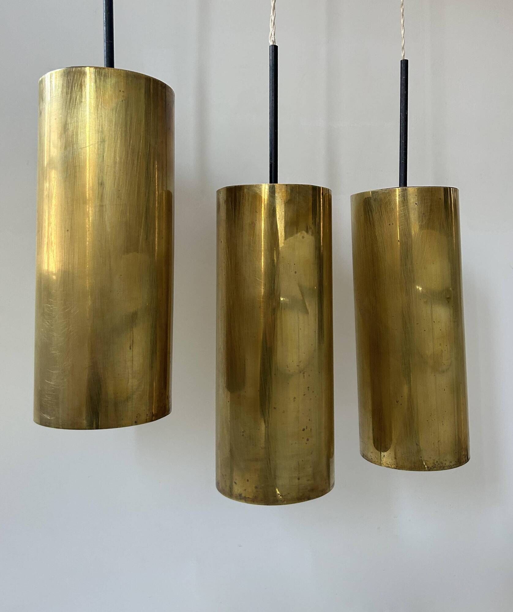 Set of 3 vintage pendant lights in solid brass, France 1960s