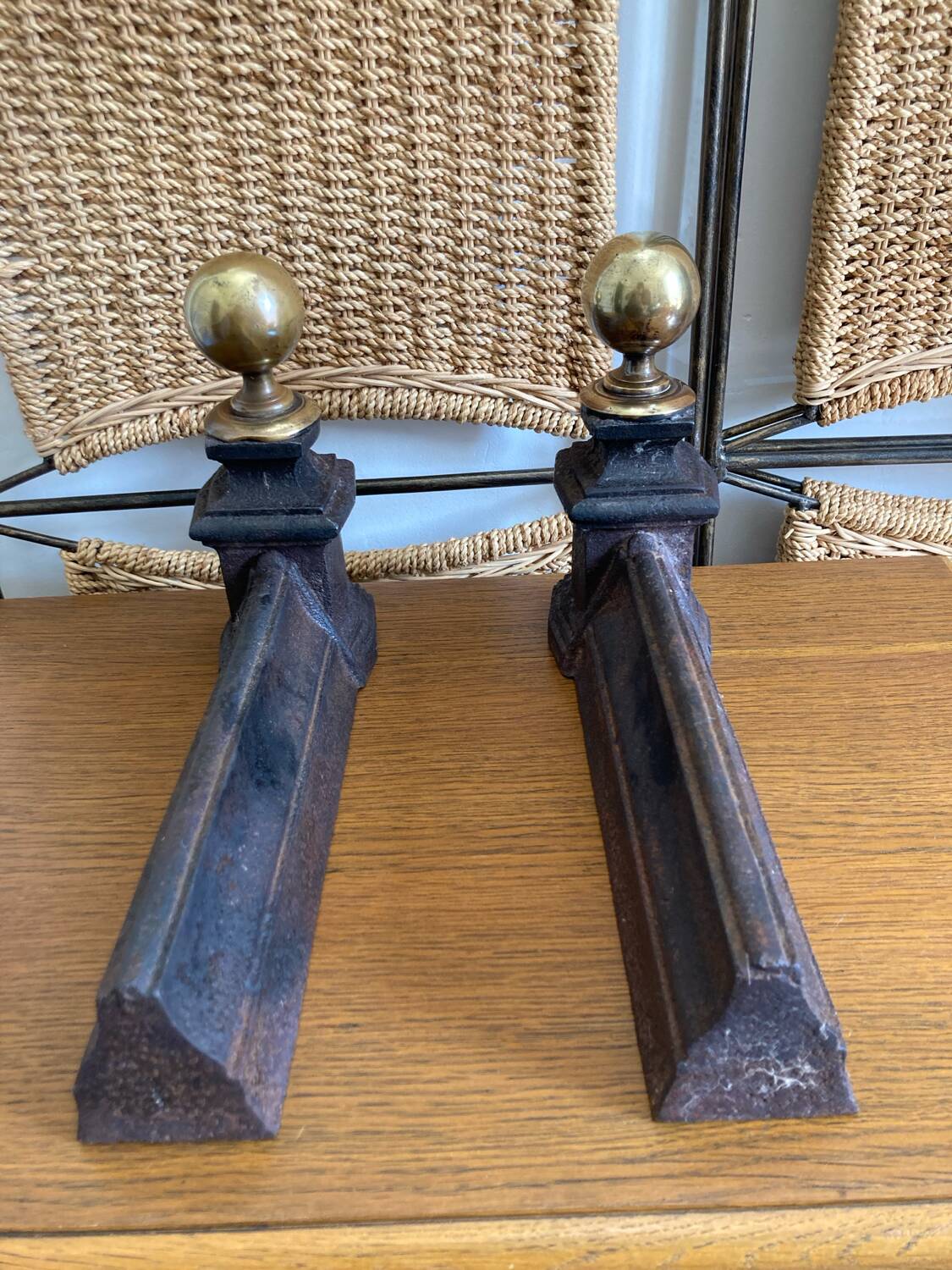 Pair of antique bedside tables in cast iron and brass