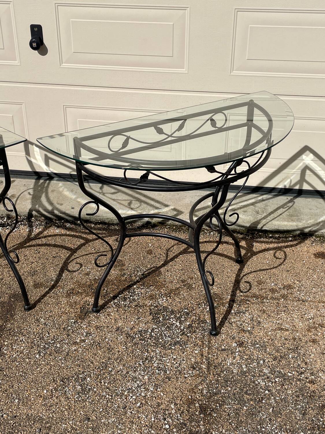 Glass and iron table with two side tables and 8 chairs