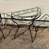Glass and iron table with two side tables and 8 chairs