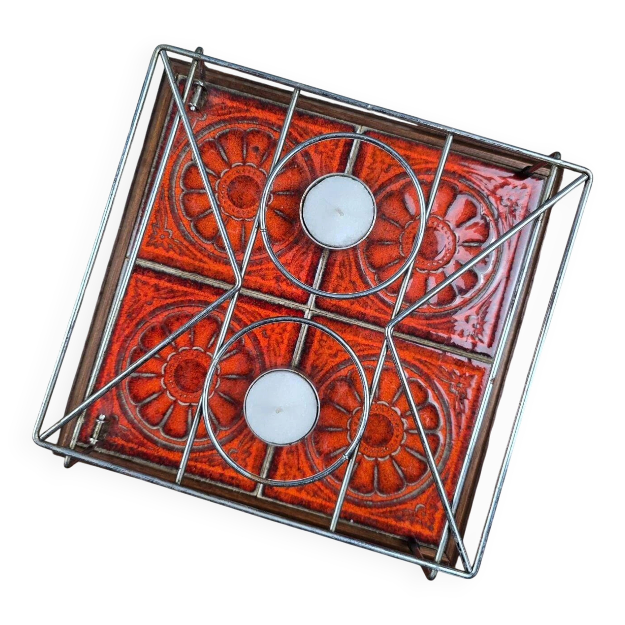 Vintage 1970s candle warmer – Orange ceramic & metal