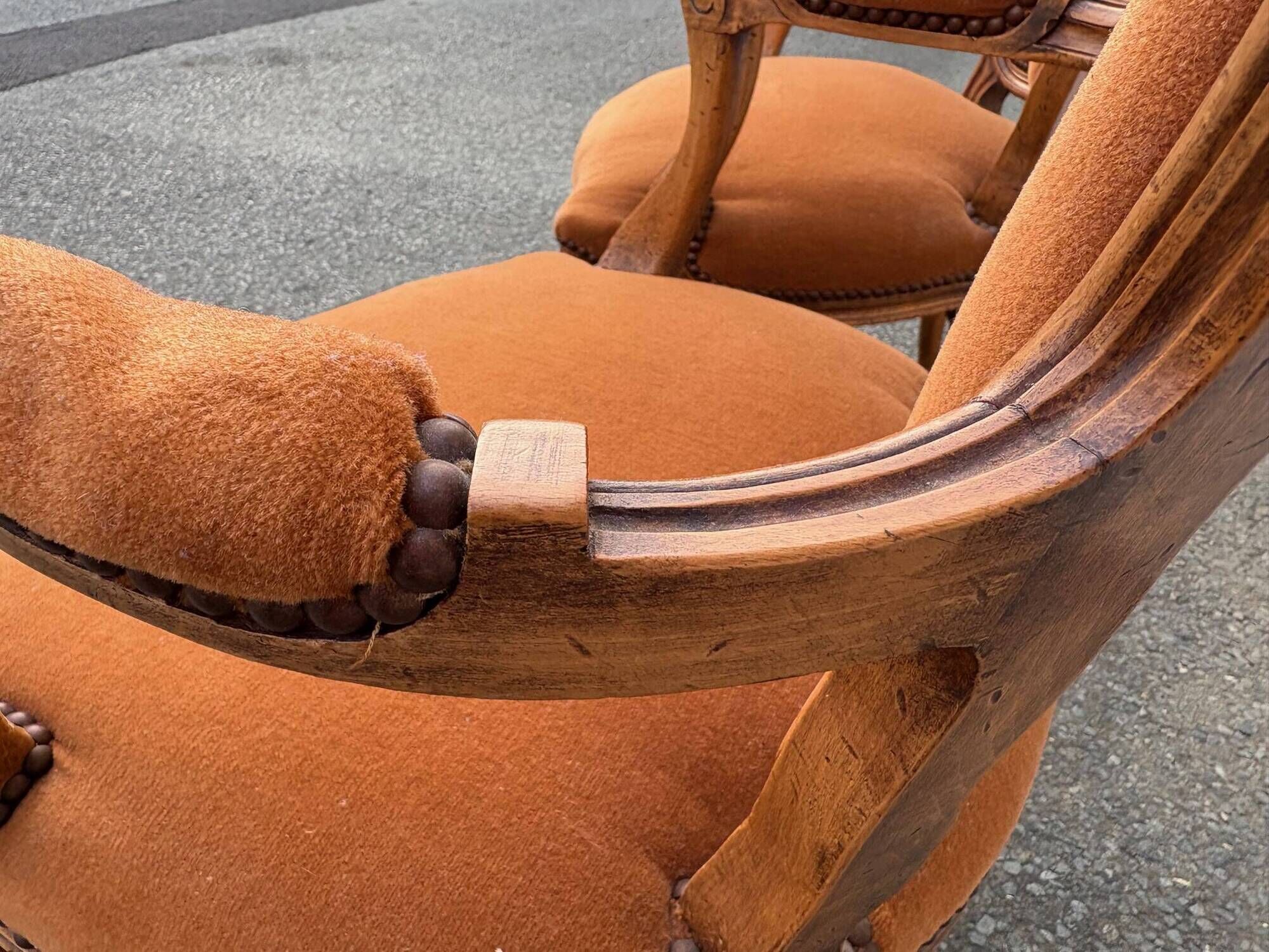 Pair of Louis XV style armchairs in ochre velvet
