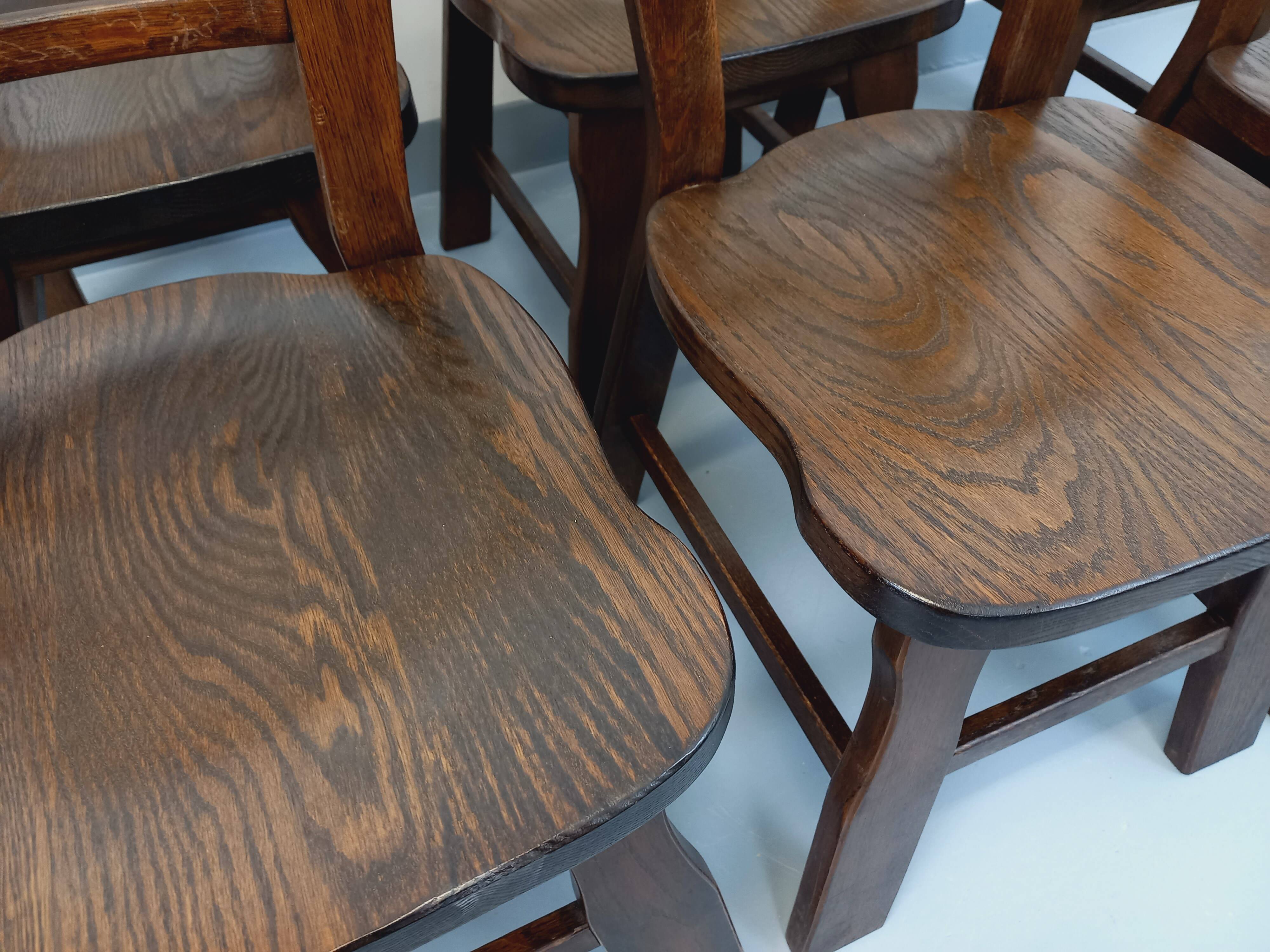 Set of 6 vintage brutalist oak chairs from the 1950s.