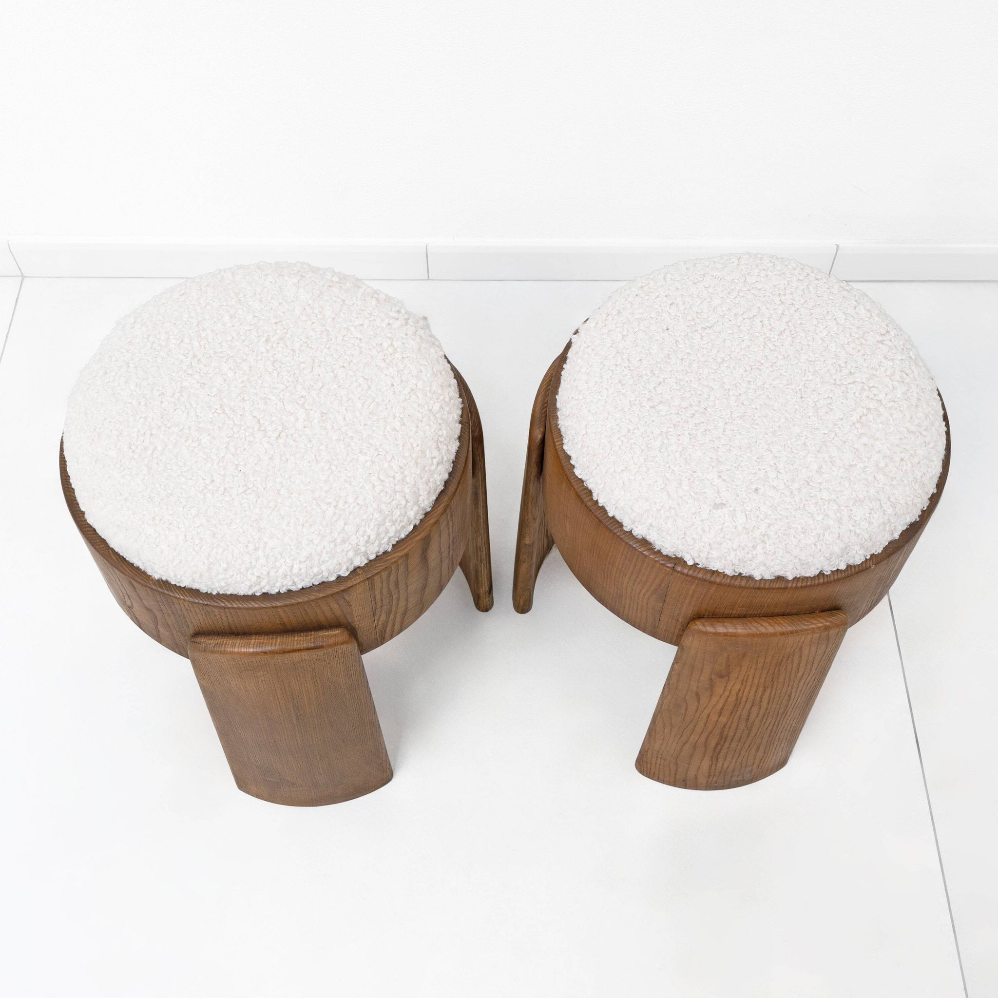 Pair of Art Deco Style Ash Wood Stools Upholstered in White Bouclé