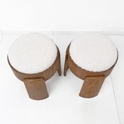 Pair of Art Deco Style Ash Wood Stools Upholstered in White Bouclé