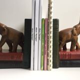 Pair of vintage carved wooden elephant bookends