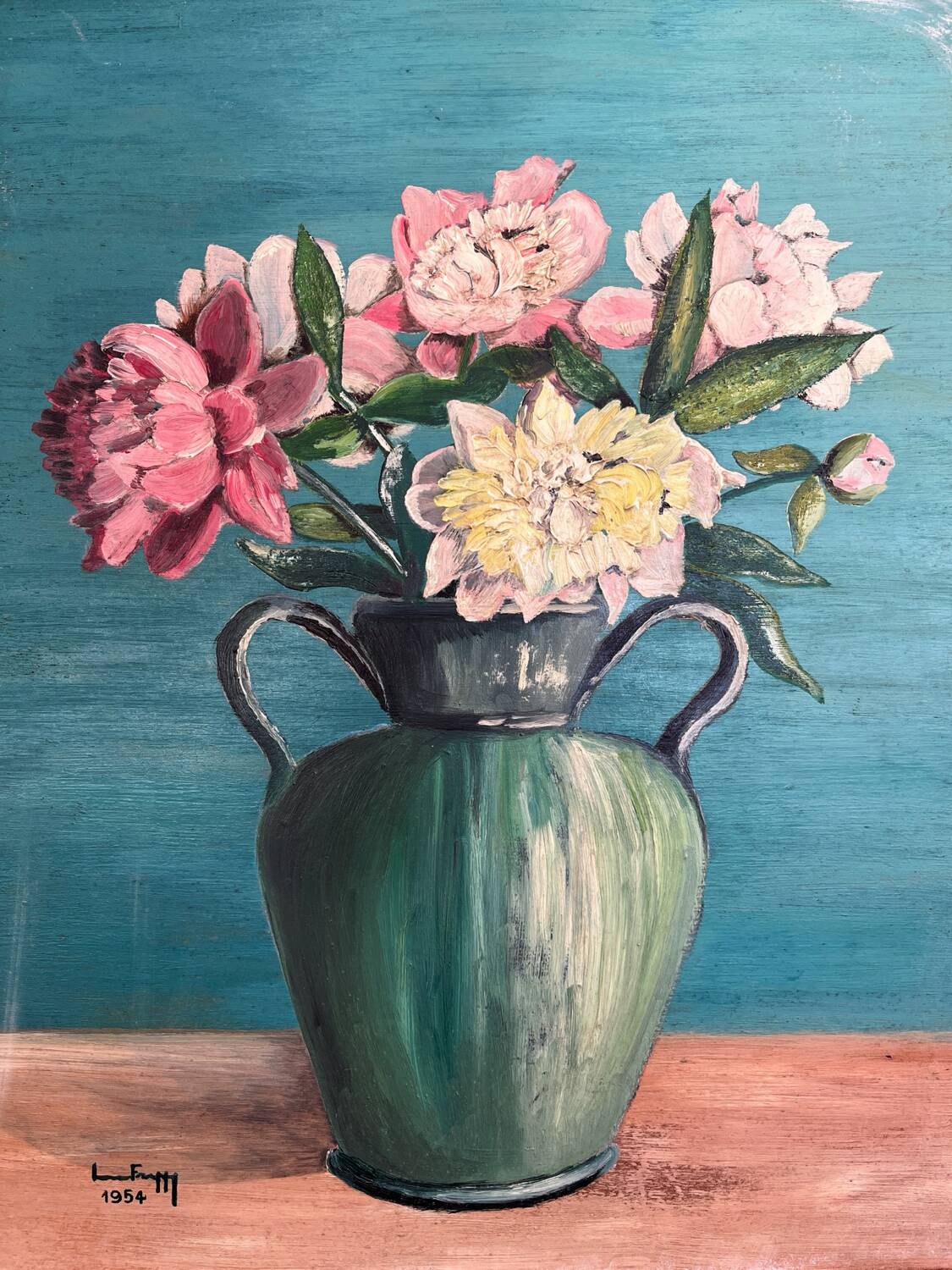 Antique painting, oil on panel, bouquet of peonies