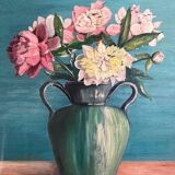 Antique painting, oil on panel, bouquet of peonies