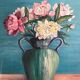 Antique painting, oil on panel, bouquet of peonies