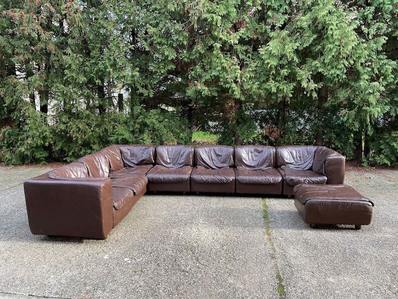 Modular sectional soft dark brown leather sofa by Arflex, Italy 1970