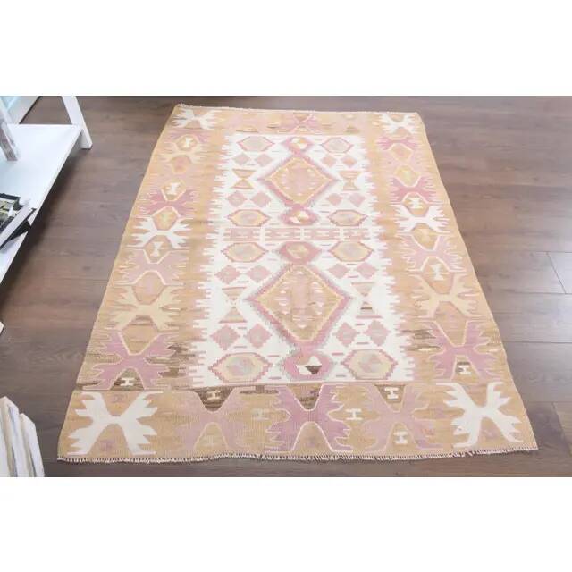 Vintage Turkish Oushak handmade cotton pink wool kilim area rug 120x165