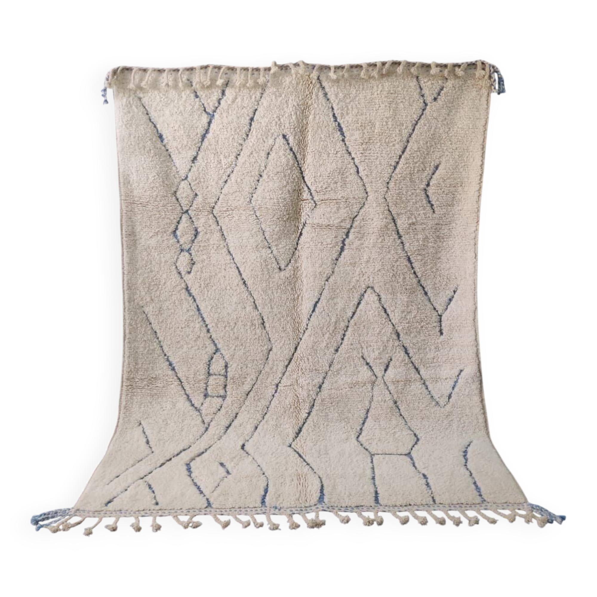 Large Ecru and Blue Grey Beni Ouarain Rug, Modern Berber Patterns - 3x2M