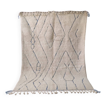Grand Tapis Beni Ouarain Écru et Bleu Gris, Motifs Berbères Modernes - 3x2M